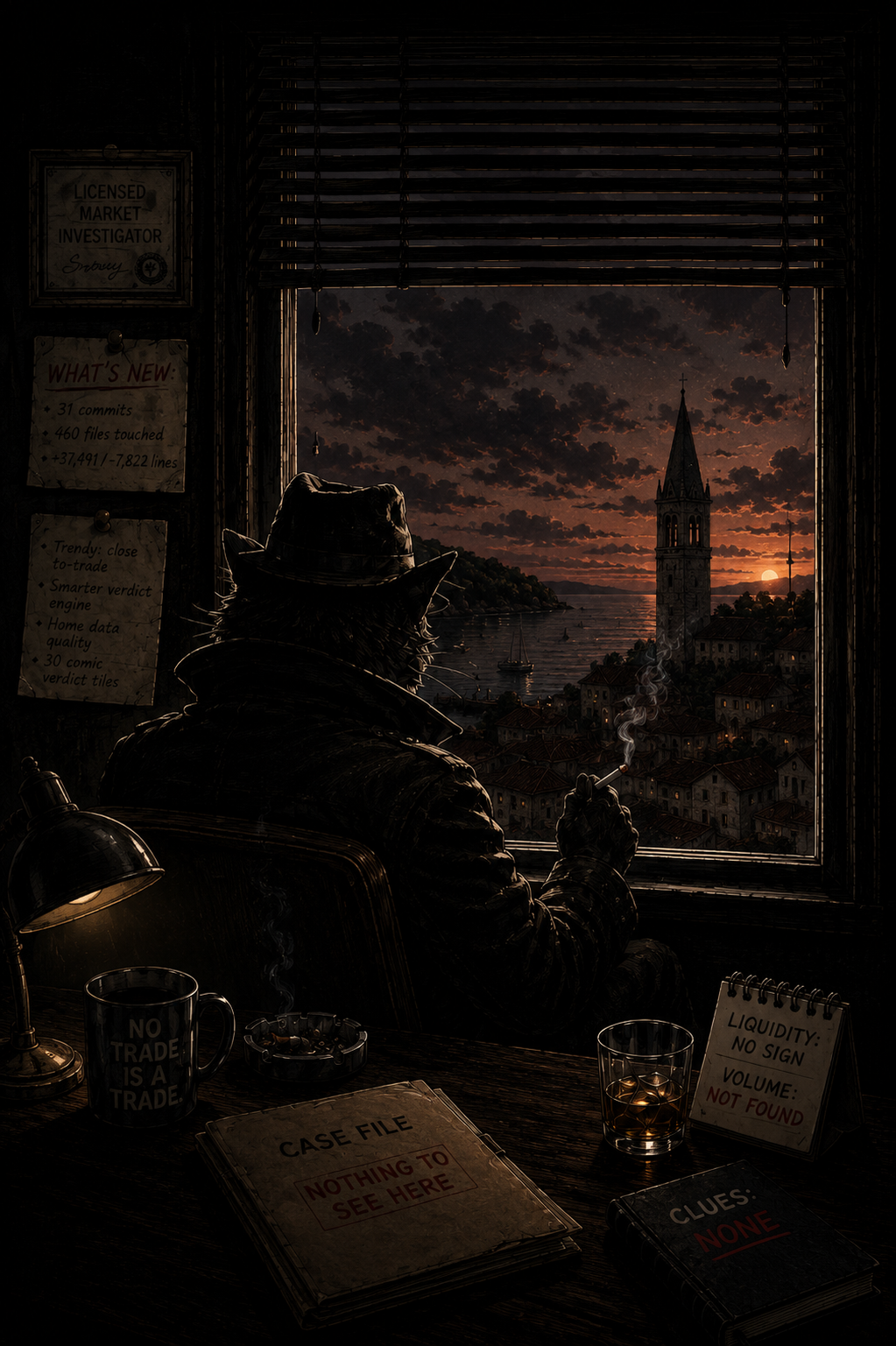 Snowy the detective at his window over a harbor town at dusk, wall notes pinned beside him